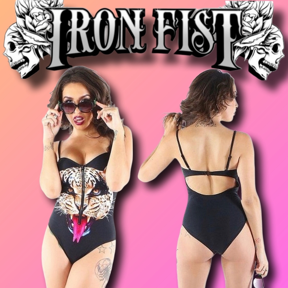 ⭐️🆕️Iron Fist "Here Kitty" Black Leopard Kiss Tongue Print Zipper Down Swimsuit